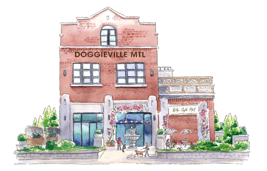 Watercolor illustration of the Doggieville MTL building and Ruby Café MTL on Rue Saint-Patrick